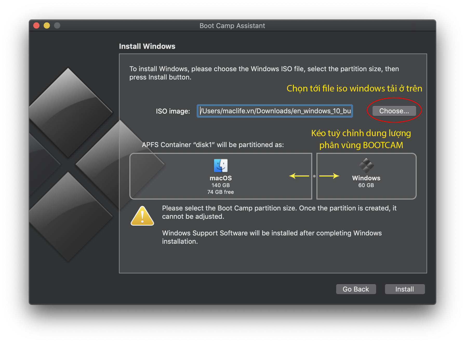 Hướng dẫn cài Windows 10 trên macOS bằng Bootcamp & tạo phân vùng DATA dùng chung