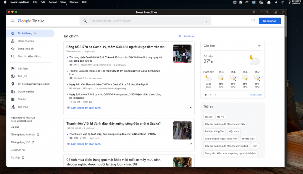 News Headlines – Google News trên Menubar