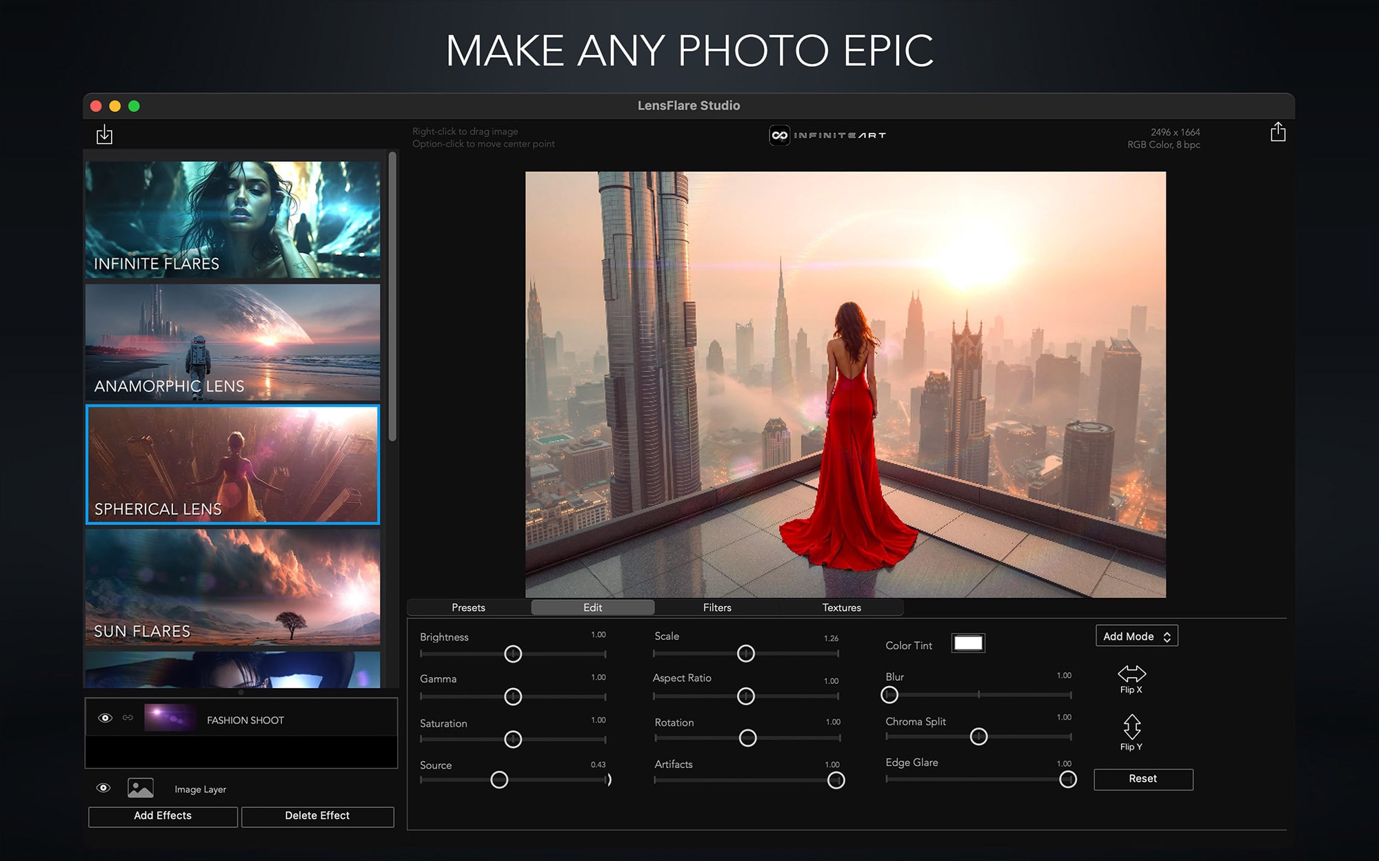 screenshot1 LensFlare Studio 2 – Phần mềm giả lập hiệu ứng ánh sáng cho ảnh