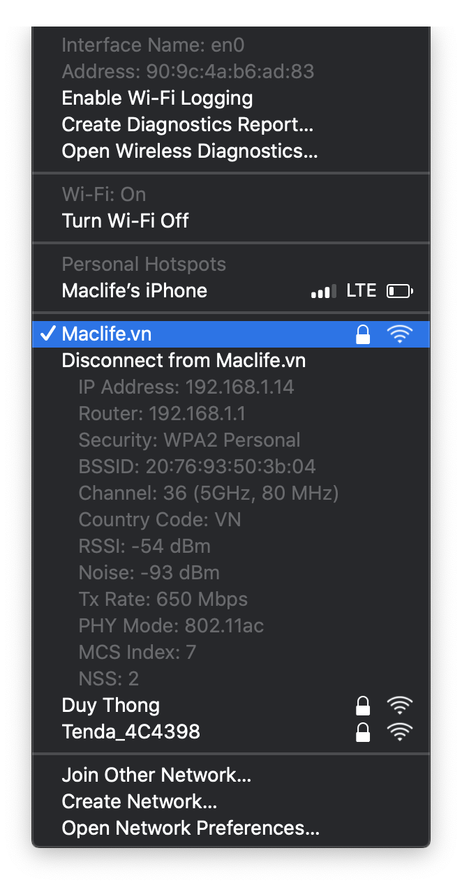 thong-tin-wifi-mac Một số thủ thuật, kinh nghiệm hữu ích trên macOS có thể bạn chưa biết
